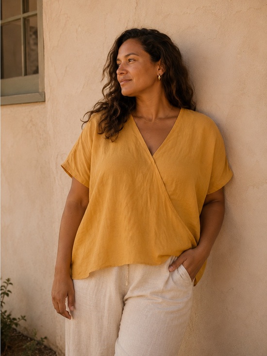 Charlie Paige Tops - CHARLIE PAIGE | Cotton & Linen Blend Top | Mustard Yellow V-Neck Blouse